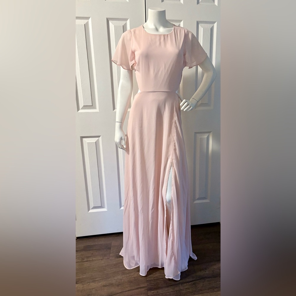 Le Chateau Peach Shear Short Bell Sleeved Gown with Slit - Like New Condition